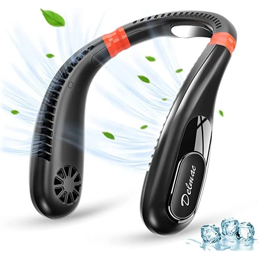 DELMAC VENTILADOR DE CUELLO PORTÁTIL, 6000 MAH, LIGERO, MANOS LIBRES DE 3 VELOCIDADES DE BAJO RUIDO, DISEÑO COLGANTES (NEGRO)