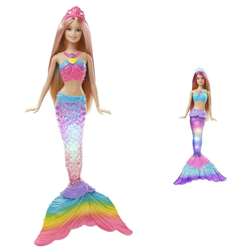 Barbie de sirena Dreamtopia con cola de arcoiris iluminada y con cabello de rayas rosadas