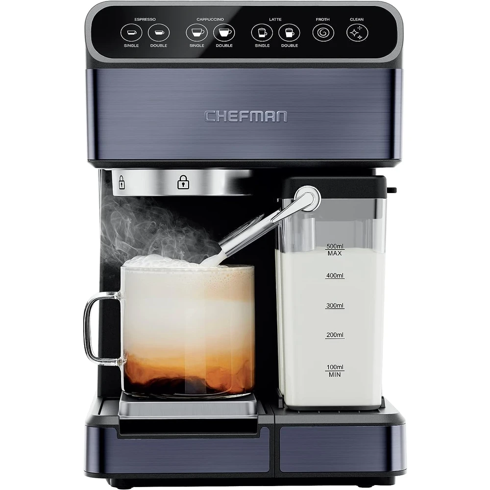 CAFETERA CHEFMAN ESPRESSO 6 EN 1 CON VAPORIZADOR, UN SOLO TOQUE, CAPUCHINO DE UNA O DOS TOMAS, CAFÉ CON LECHE, COLOR NEGRO