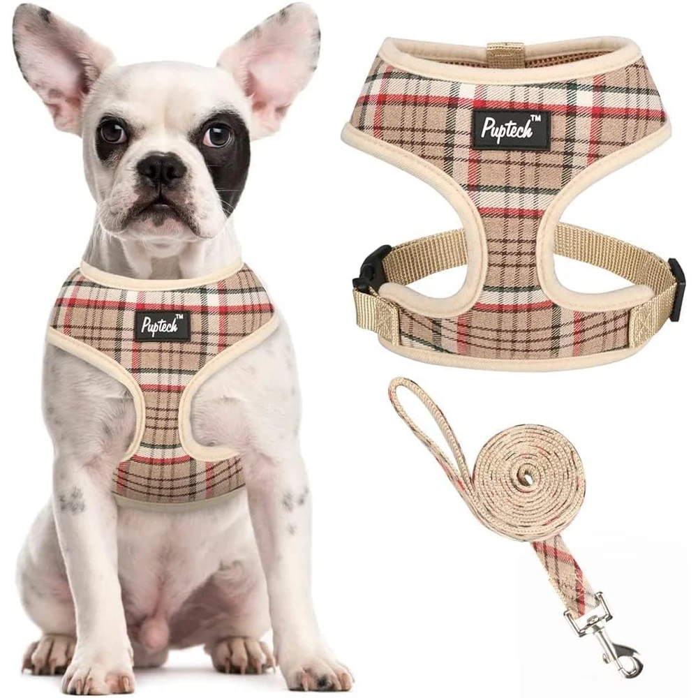 Pupteck juego de arnés y correa de malla suave para mascota Chaleco Acolchado Cómodo Arneses Sin Tirones, Caqui, M