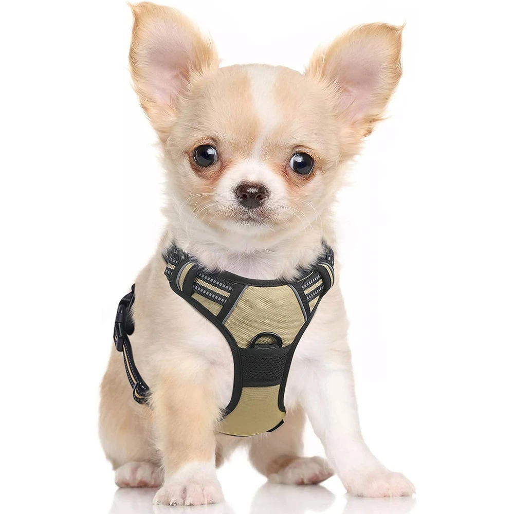 Rabbitgoo Arnés Para Perros sin Tirones Con 2 Clips De Correa acolchado suave ajustable con Manija Para Perros Pequeños, Beige, S
