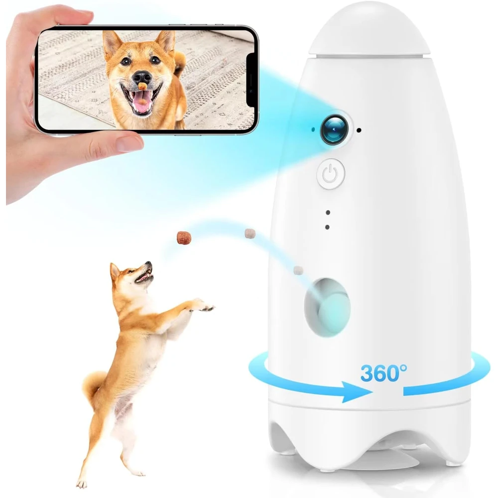 Zrhi Cámara Para Perros Con Dispensador De Golosinas - Vista De 360° 8x - 2k Hd Con Aplicación De Teléfono - Blanco