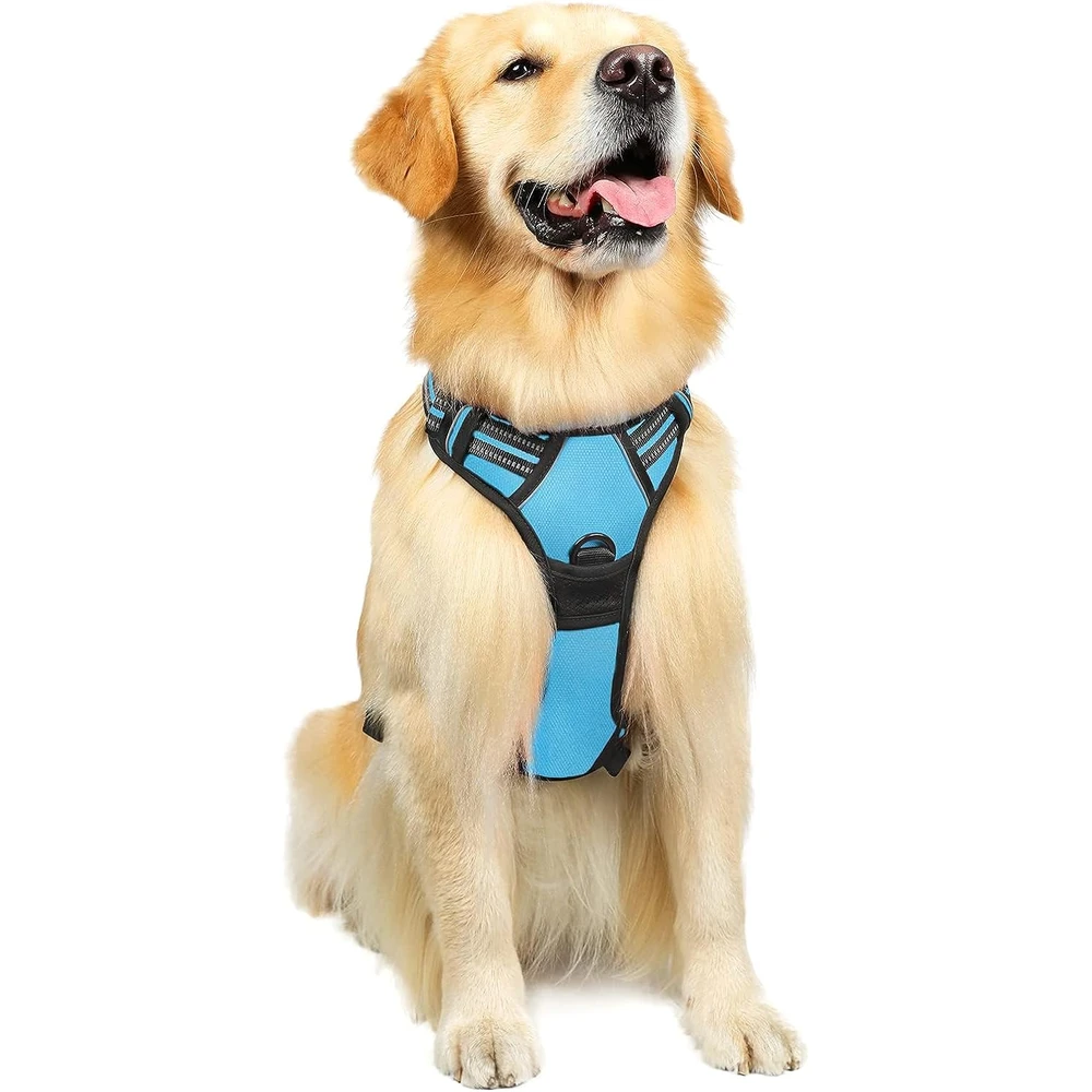 Rabbitgoo Arnés Para Perros sin Tirones Con 2 Clips De Correa acolchado suave ajustable con Manija Para Perros Grandes, Azul, L