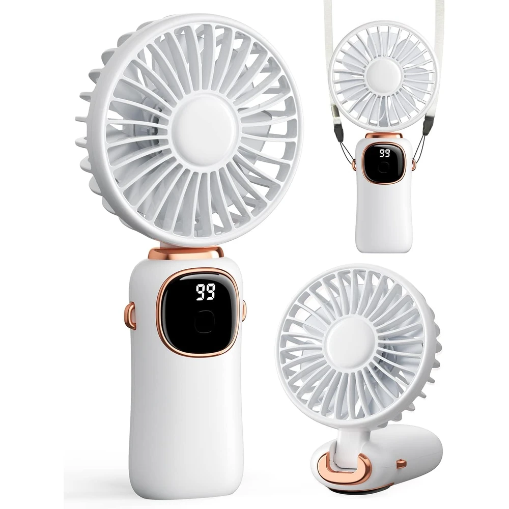 VENTILADOR DE MANO PORTÁTIL COLDSKY, 4000 MAH, FUNCIONA CON PILAS, 3 EN 1, MULTIFUNCIÓN CON PANTALLA DIGITAL,90° CON BASE(BLANCO)