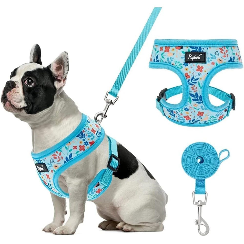 Pupteck juego de arnés y correa de malla suave para mascota Chaleco Acolchado Cómodo Arneses Sin Tirones, Floral Azul, S