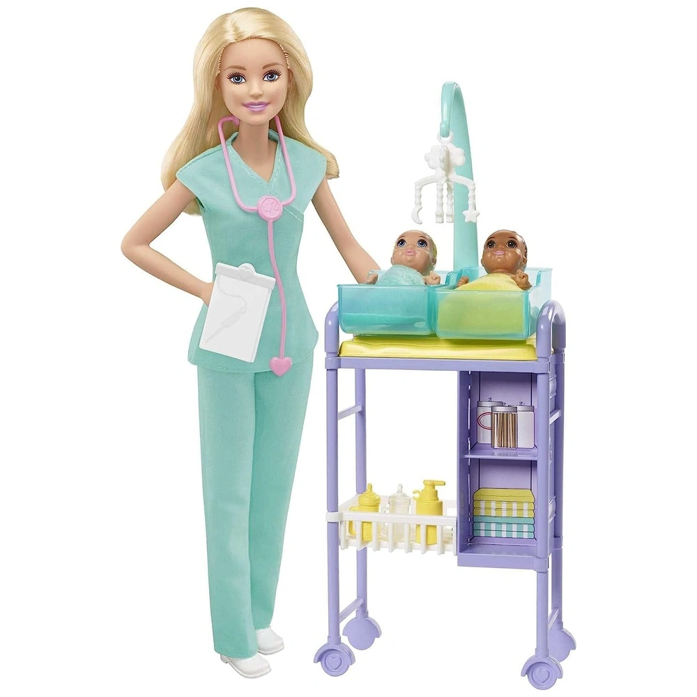 Barbie baby doctor playset 2 muñecas infantiles mesa de examen estetoscopio gráfico y móvil