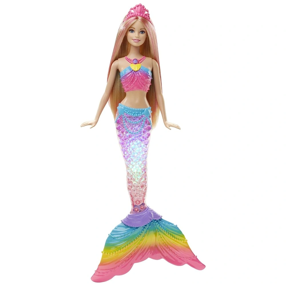 Barbie de sirena Dreamtopia con cola de arcoiris iluminada y con cabello de rayas rosadas