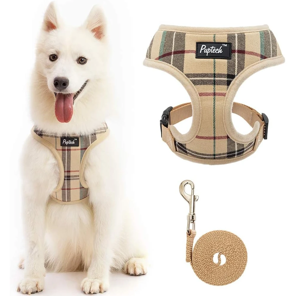 Pupteck juego de arnés y correa de malla suave para mascota Chaleco Acolchado Cómodo Arneses Sin Tirones, Beige, L