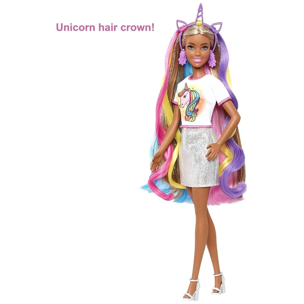 Barbie de pelo de fantasía y accesorios inspirada en sirena y unicornio