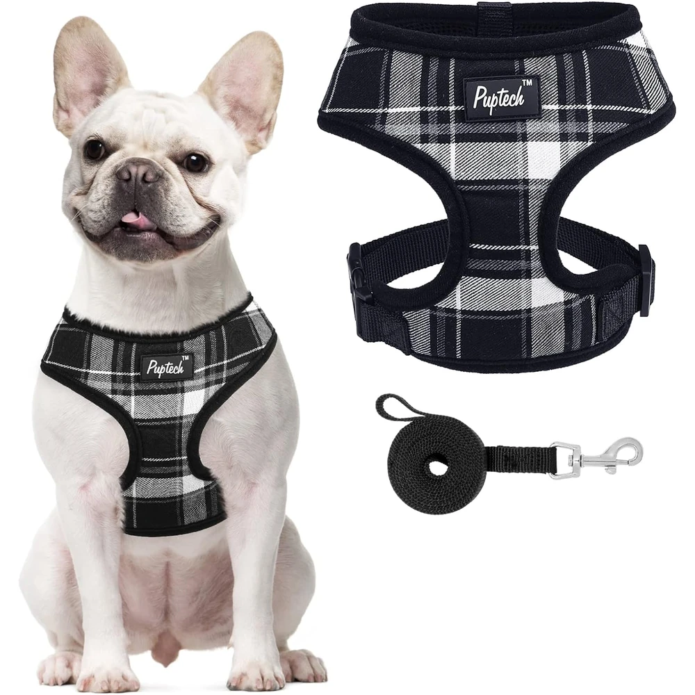 Pupteck juego de arnés y correa de malla suave para mascota Chaleco Acolchado Cómodo Arneses Sin Tirones, Negro, L