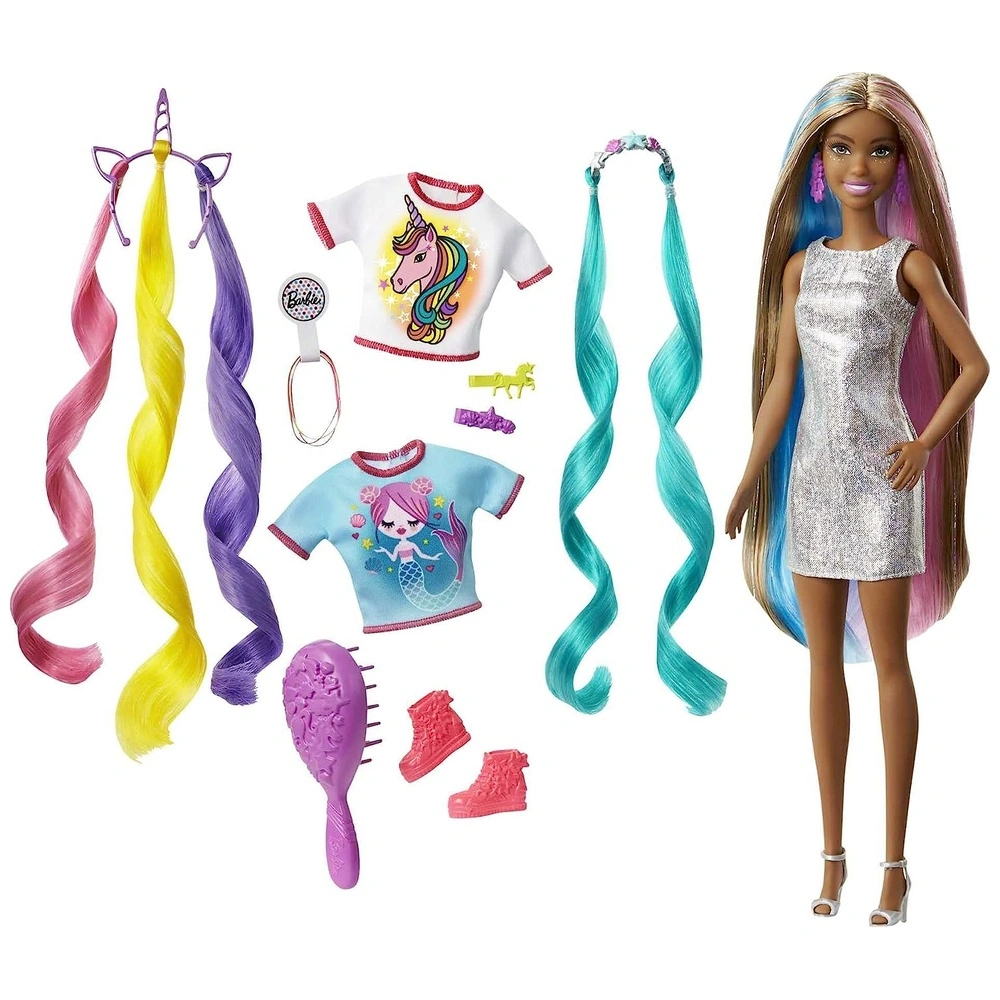 Barbie de pelo de fantasía y accesorios inspirada en sirena y unicornio