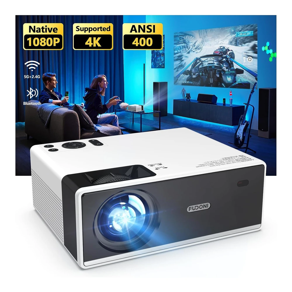 PROYECTOR MINI FUDONI CON WIFI 5G Y BLUETOOTH, 15000 LÚMENES, 1080P FULL HD COMPATIBLE CON 4K, COMPATIBLE CON IOS / ANDROID / HDMI / USB