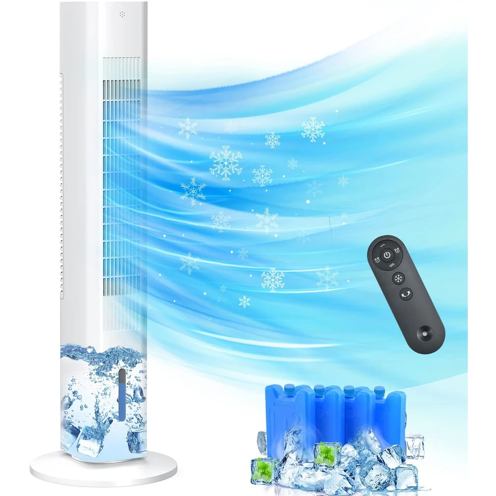 VENTILADOR DE TORRE DE ENFRIADOR EVAPORATIVO DE 35", 3 EN 1,CONTROL REMOTO,OSCILACIÓN DE 120°,3 VELOCIDADES Y 4 PAQUETES DE HIELO