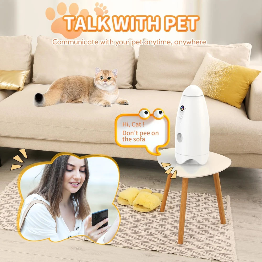 Zrhi Cámara Para Perros Con Dispensador De Golosinas - Vista De 360° 8x - 2k Hd Con Aplicación De Teléfono - Blanco