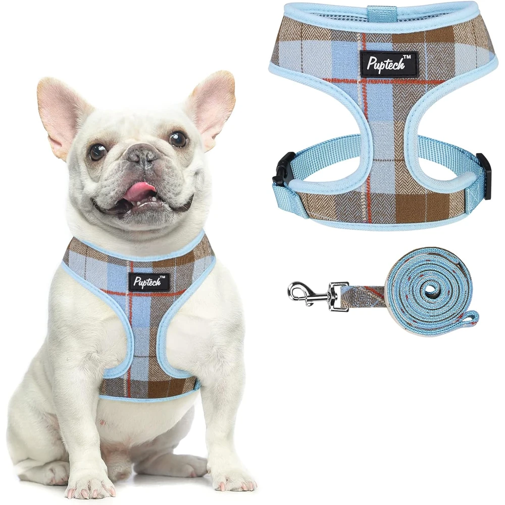 Pupteck juego de arnés y correa de malla suave para mascota Chaleco Acolchado Cómodo Arneses Sin Tirones, Azul Y Marrón, L