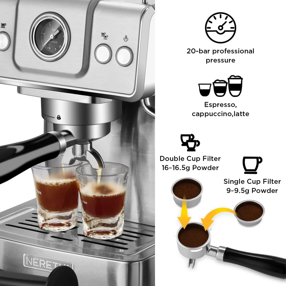 71CrH6iaiUL_AC_SL1500_.webp CAFETERA NERETVA CAFETERA EXPRESO 20 BAR, VARILLA DE VAPOR QUE ESPUMA LECHE, EXPRESO Y CAPPUCCINO, DEPOSITO DE AGUA 1.8L