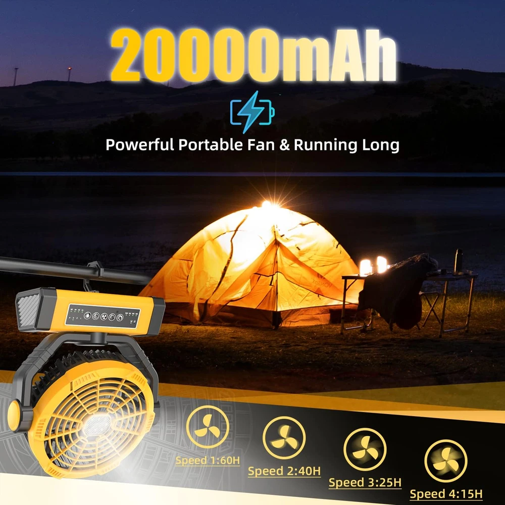 VENTILADOR DE CAMPING 3 EN 1 FRIZCOL - RECARGABLE - POR BATERÍA DE 20000 MAH DE 9" (60 HORAS) - USB CON LUZ Y CONTROL REMOTO