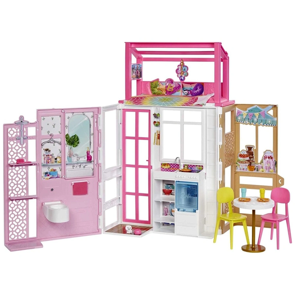 Barbie Casa de muñecas con 2 niveles y 4 zonas de juego con cachorro de mascotas y accesorios