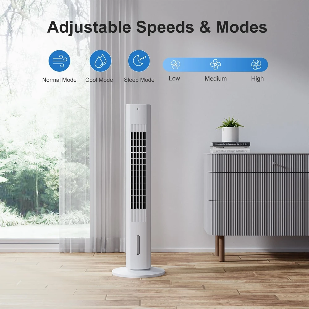 VENTILADOR DE TORRE DE ENFRIADOR EVAPORATIVO DE 35", 3 EN 1,CONTROL REMOTO,OSCILACIÓN DE 120°,3 VELOCIDADES Y 4 PAQUETES DE HIELO