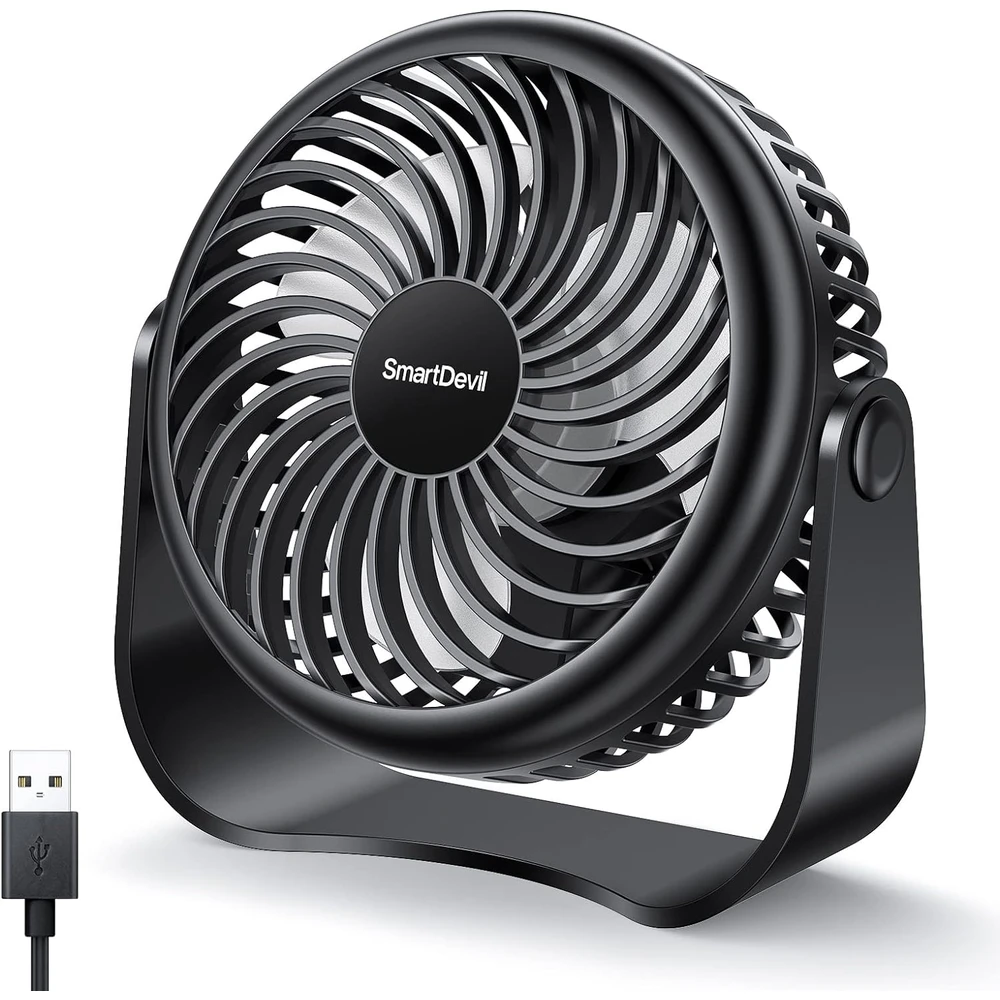 SMARTDEVIL VENTILADOR DE ESCRITORIO USB, 3 VELOCIDADES, AJUSTE DE 360°, PARA MESA PERSONAL PARA EL HOGAR, OFICINA, COCHE (NEGRO)