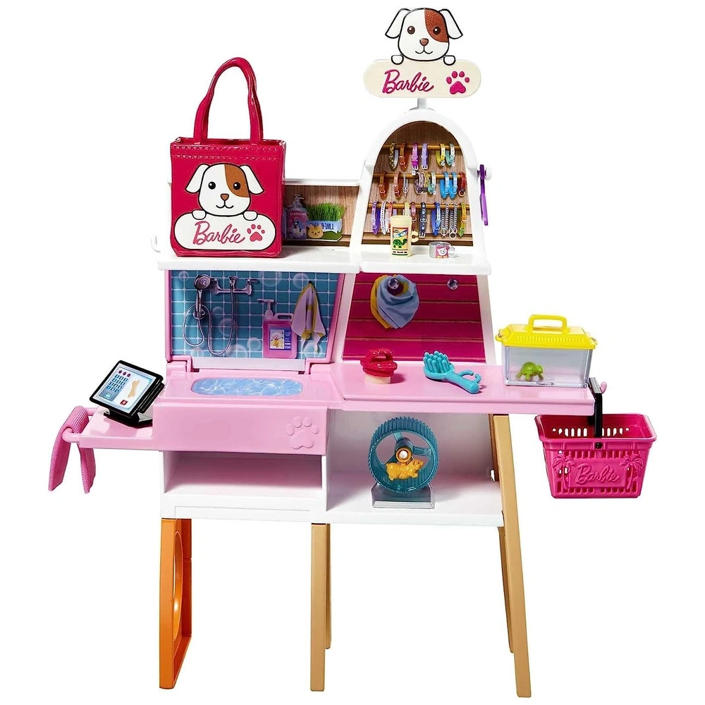 Barbie Set de juego de tienda de mascotas con 4 mascotas cambio de color y accesorios