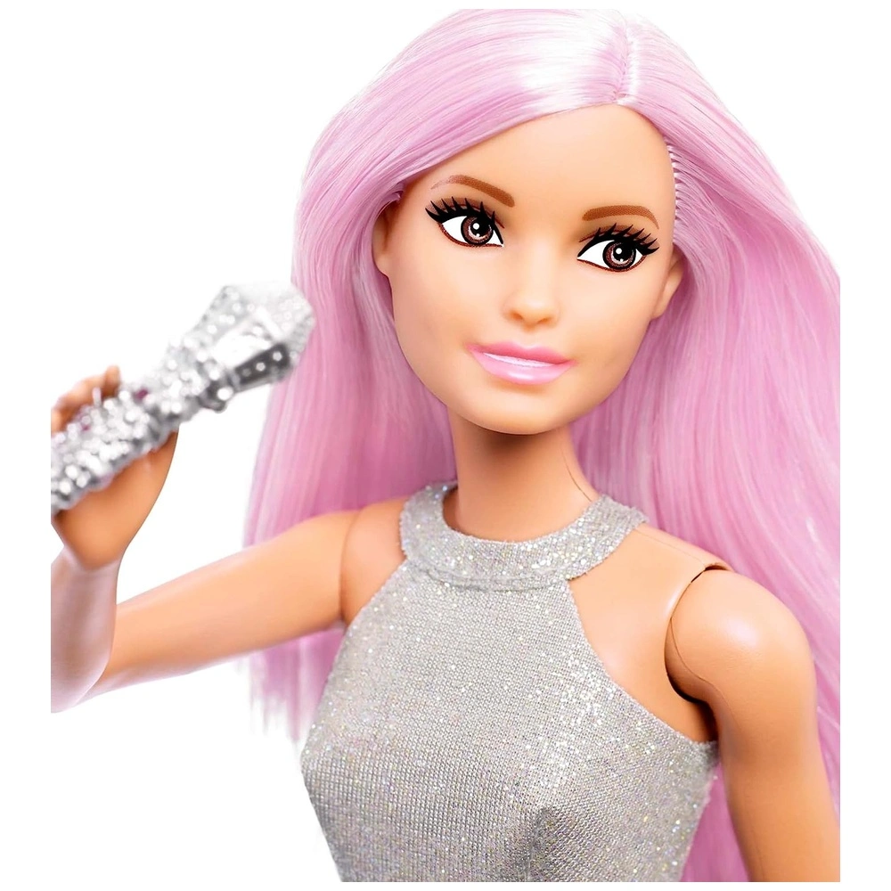 Barbie Pop Star Fashion con pelo rosa y ojos marrones falda iridiscente y accesorio para micrófono