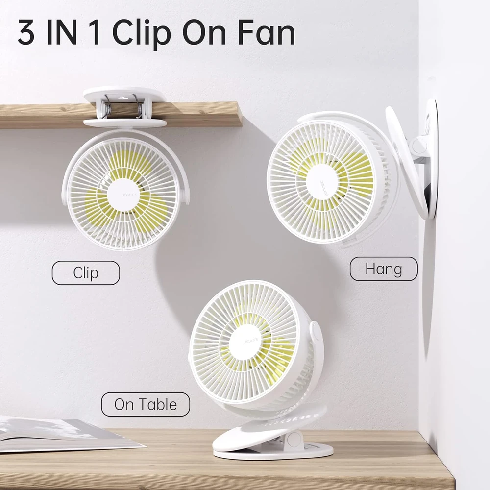 JISULIFE 3 EN 1 VENTILADOR [CLIP / ESCRITORIO / COLGAR] 4000MAH,FUNCIONA CON PILAS, GANCHOS ADHESIVOS, RECARGABLE USB BLANCO ( 1 PAQUETE )