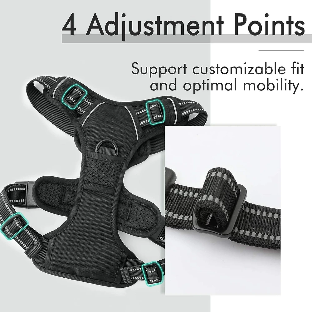 Rabbitgoo Arnés Para Perros sin Tirones Con 2 Clips De Correa acolchado suave ajustable con Manija Para Perros Grandes, Negro, L