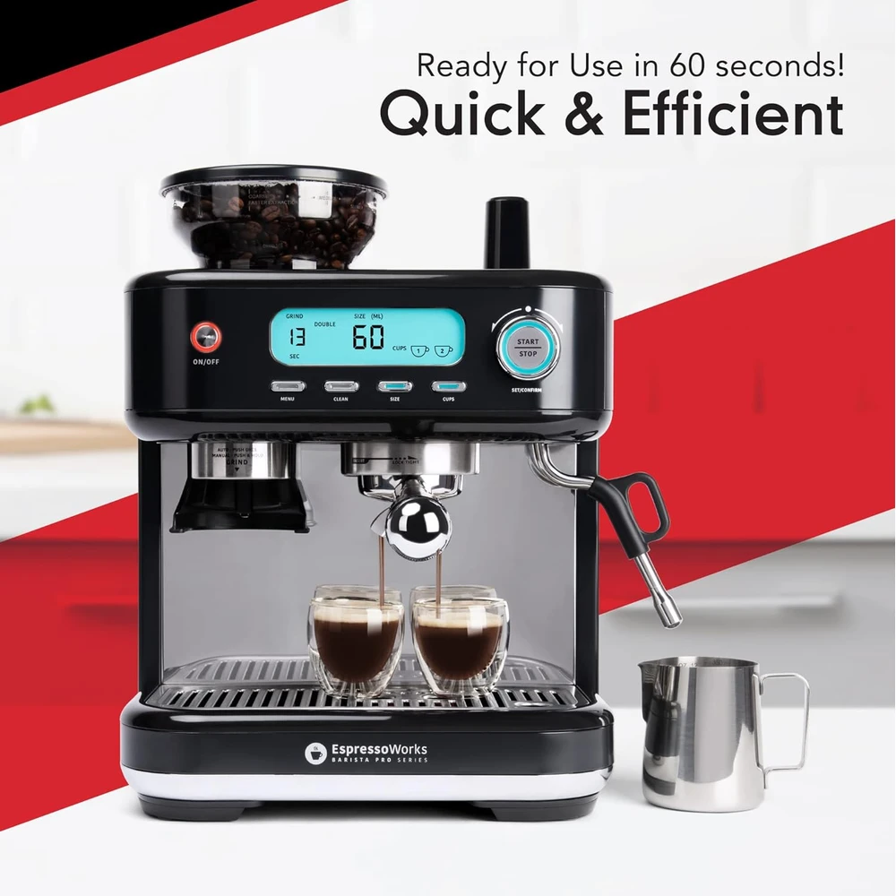 CAFETERA ESPRESSOWORKS BARISTA PRO SERIES ESPRESSO MACHINE CON PANTALLA LCD,VAPORIZADOR DE LECHE Y MOLINILLO PAQUETE DE 30 PIEZAS