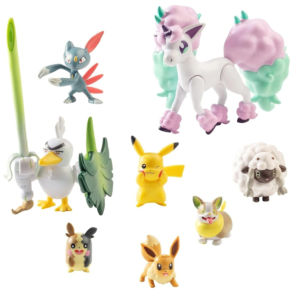Pokémon Pack de 8 figuras Pikachu Eevee Wooloo Sneasel Yamper Ponyta Sirfetch'd y Morpeko