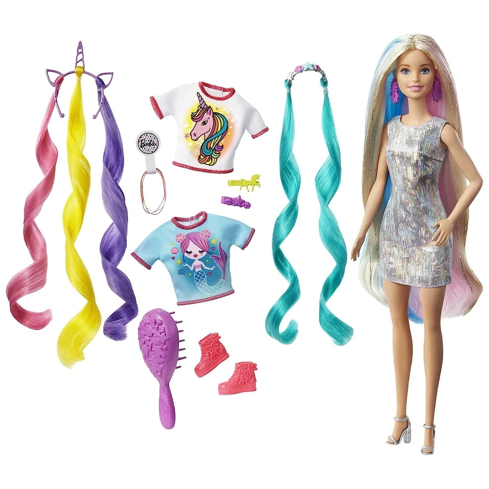 Barbie de pelo de fantasía y accesorios inspirada en sirena y unicornio
