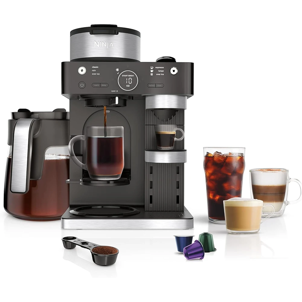 CAFETERA NINJA CFN601 ESPRESSO & COFFEE BARISTA SYSTEM, JARRA DE 12 TAZAS, ESPUMADOR INTEGRADO, NEGRO Y ACERO INOXIDABLE