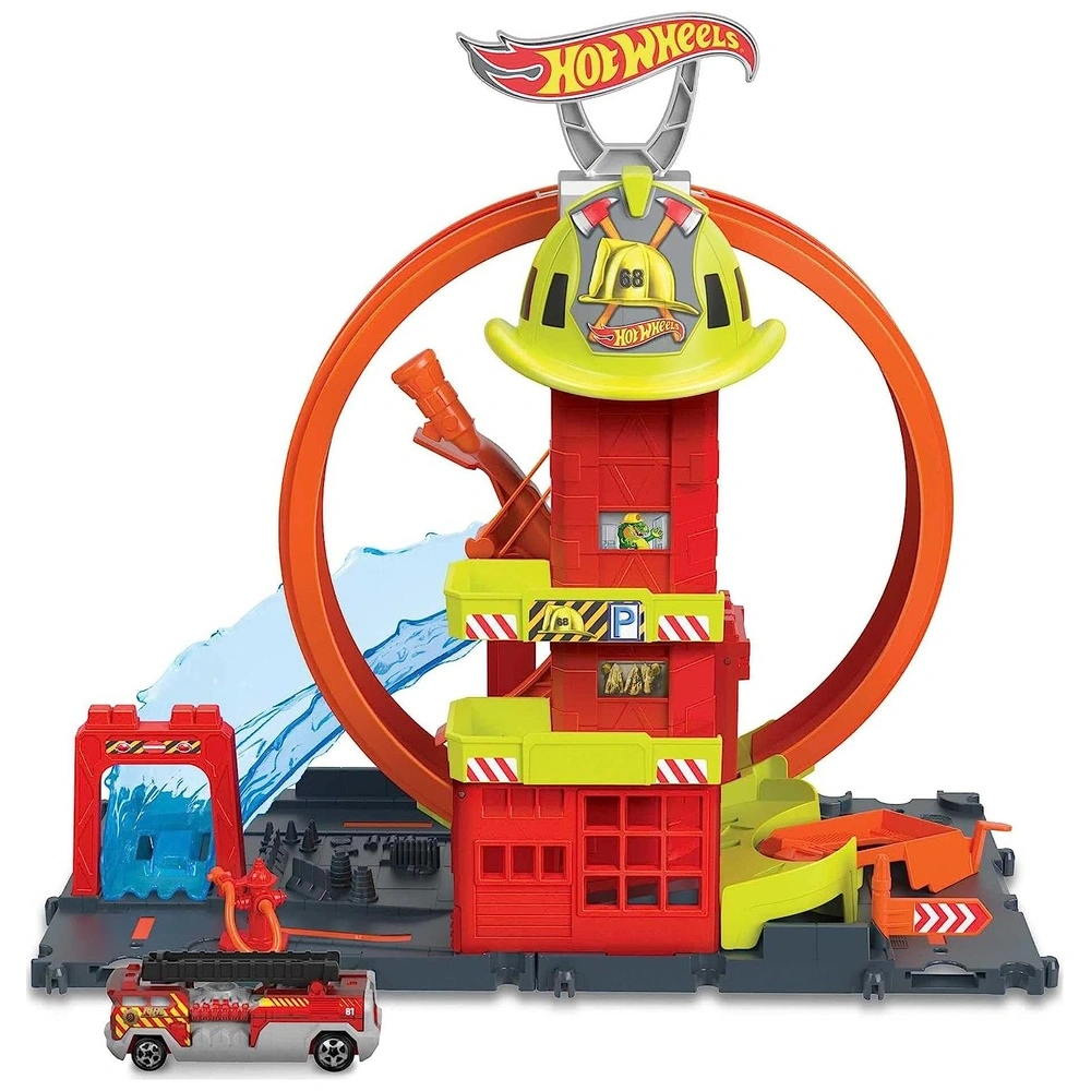 Hot Wheels Toy Car Track Set City Super Loop Estación De Bomberos Y Camión De Bomberos