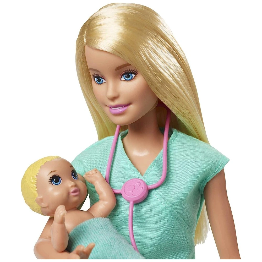 Barbie baby doctor playset 2 muñecas infantiles mesa de examen estetoscopio gráfico y móvil