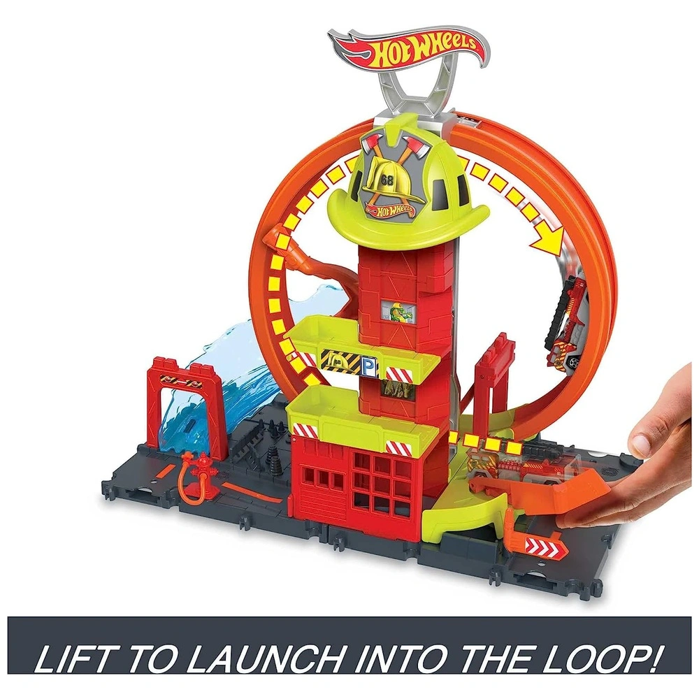 Hot Wheels Toy Car Track Set City Super Loop Estación De Bomberos Y Camión De Bomberos