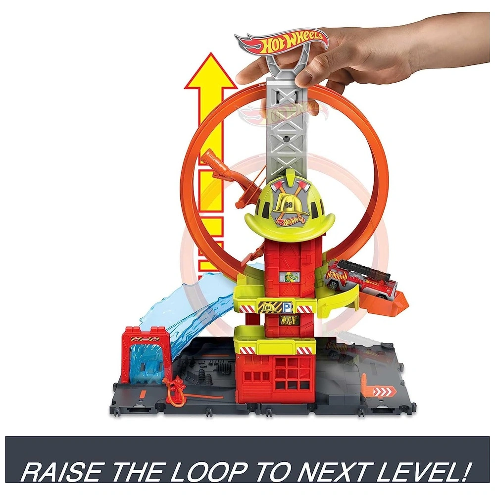 Hot Wheels Toy Car Track Set City Super Loop Estación De Bomberos Y Camión De Bomberos