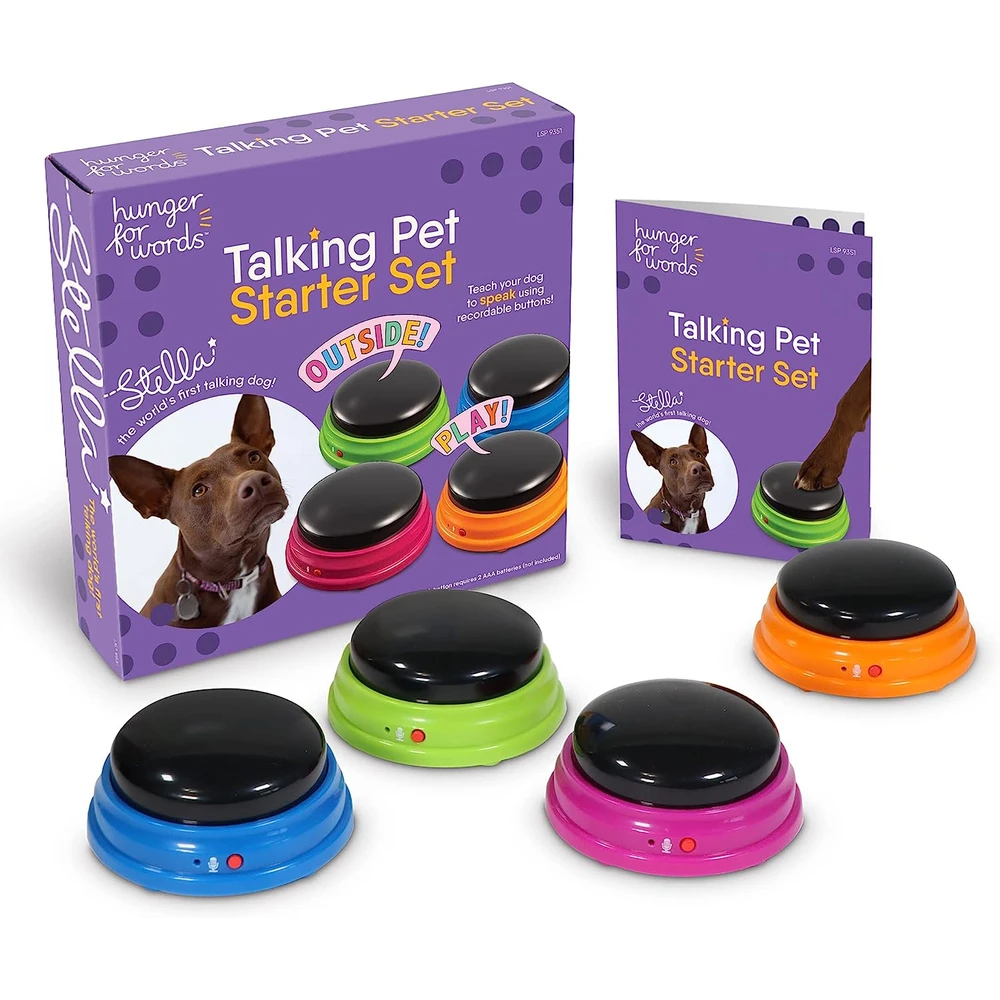 Hunger For Words Talking Pet Starter Set - Juego De 4 Piezas De Botones Grabables Para Perros, Enseña A Tu Perro A Hablar