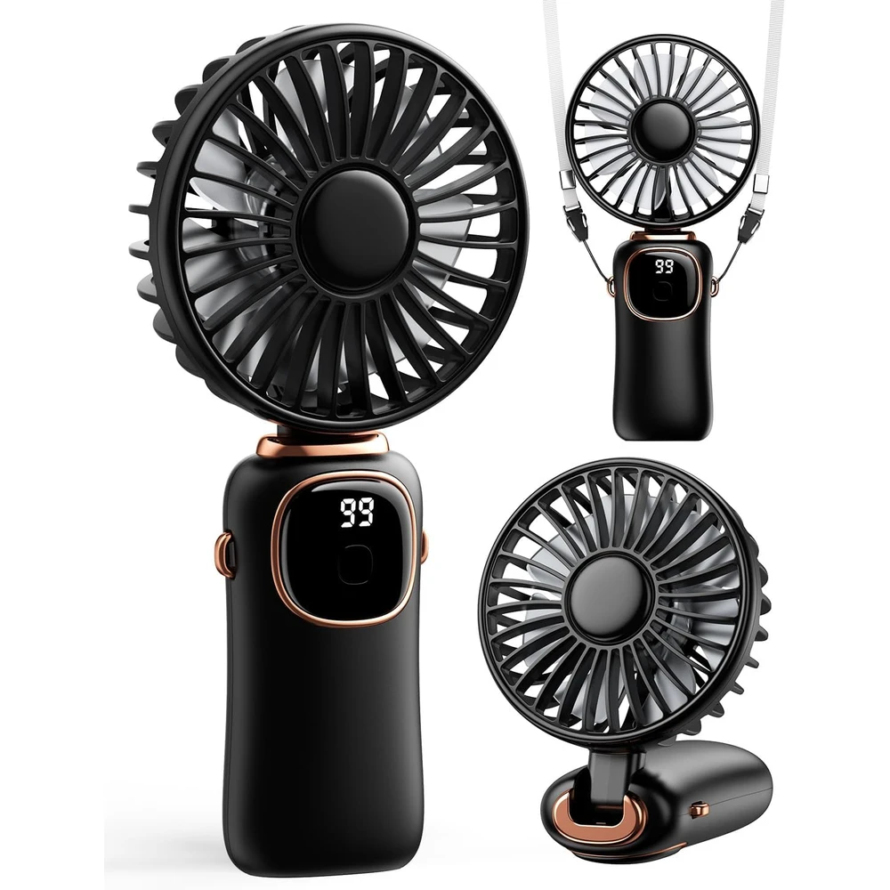 VENTILADOR DE MANO PORTÁTIL COLDSKY, 4000 MAH, FUNCIONA CON PILAS, 3 EN 1, MULTIFUNCIÓN CON PANTALLA DIGITAL, 90° CON BASE(NEGRO)