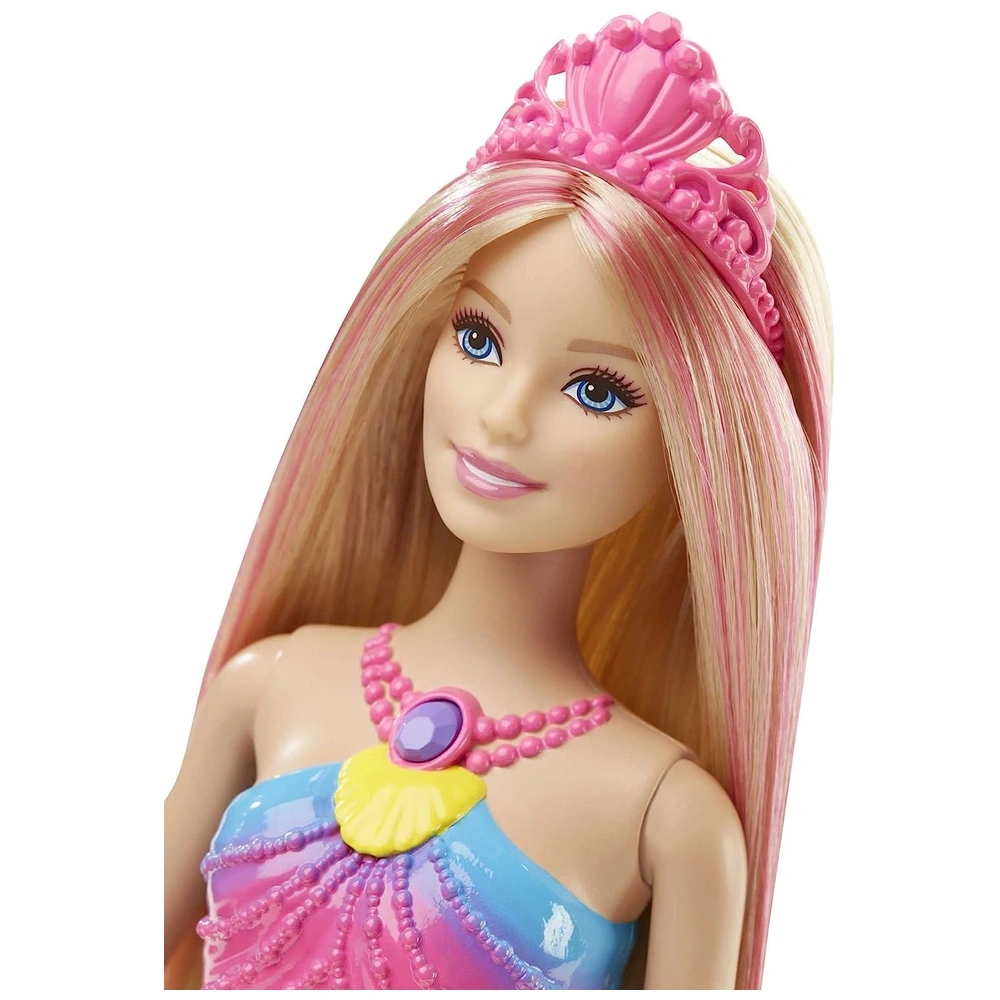 Barbie de sirena Dreamtopia con cola de arcoiris iluminada y con cabello de rayas rosadas
