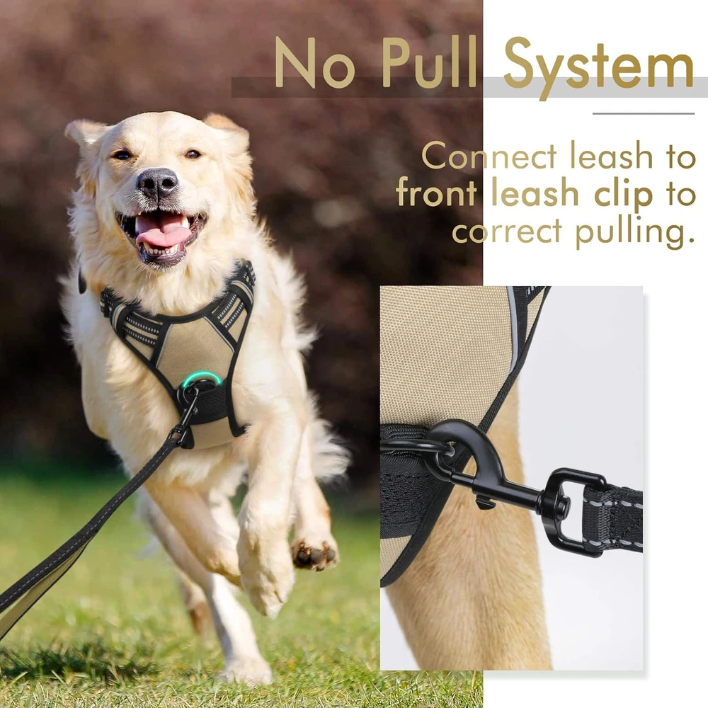Rabbitgoo Arnés Para Perros sin Tirones Con 2 Clips De Correa acolchado suave ajustable con Manija Para Perros Grandes, Beige, L
