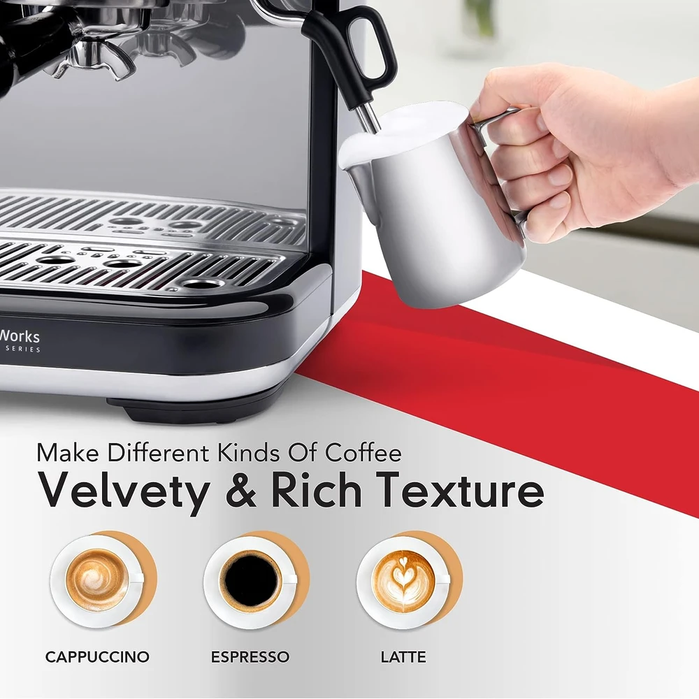 CAFETERA ESPRESSOWORKS BARISTA PRO SERIES ESPRESSO MACHINE CON PANTALLA LCD,VAPORIZADOR DE LECHE Y MOLINILLO PAQUETE DE 30 PIEZAS
