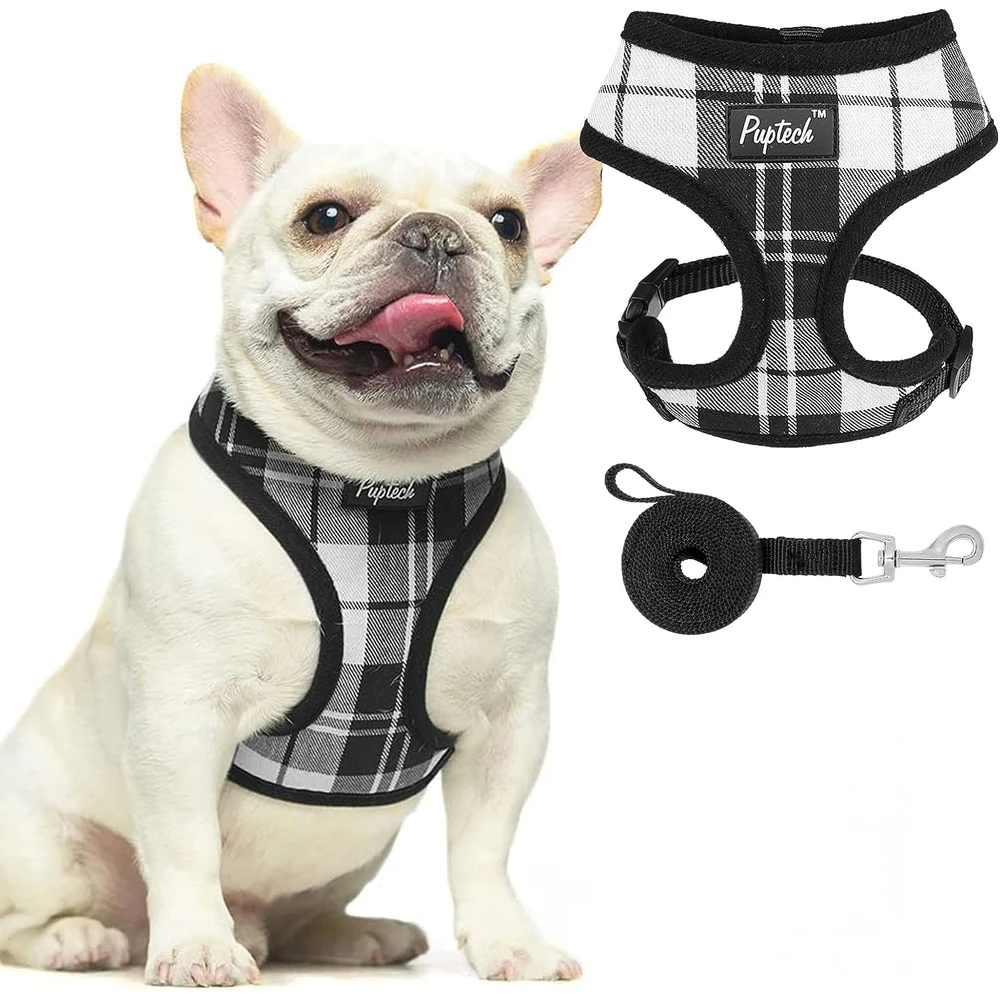 Pupteck juego de arnés y correa de malla suave para mascota Chaleco Acolchado Cómodo Arneses Sin Tirones, Blanco Y Negro, L