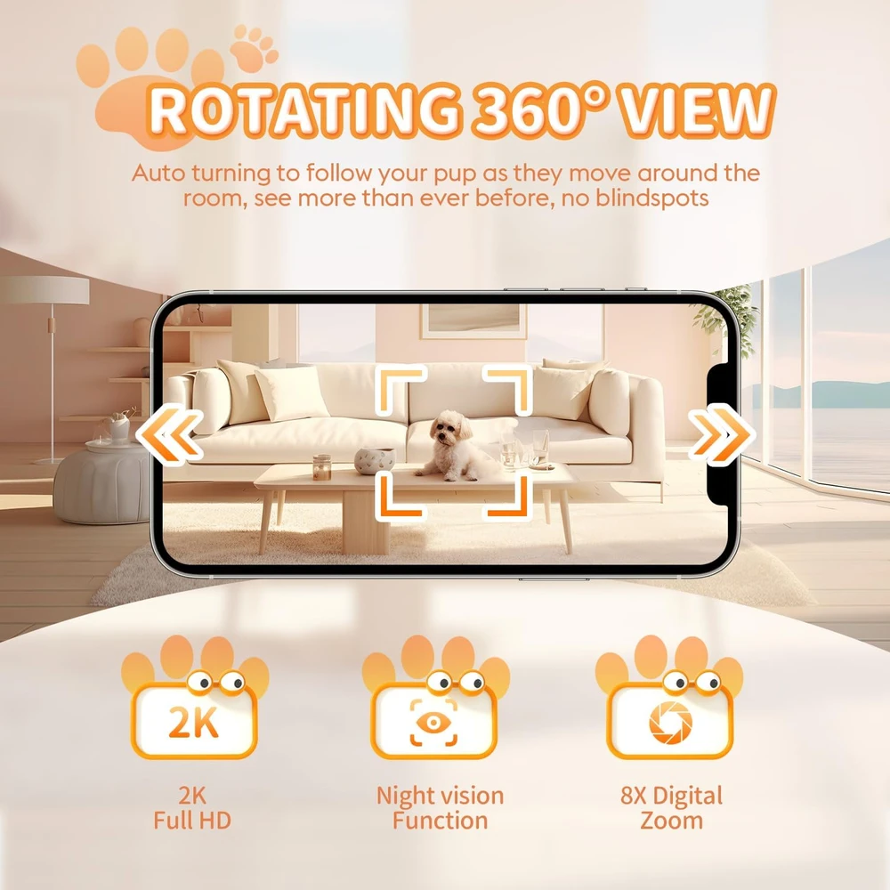 Zrhi Cámara Para Perros Con Dispensador De Golosinas - Vista De 360° 8x - 2k Hd Con Aplicación De Teléfono - Blanco