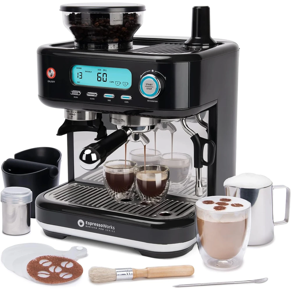 CAFETERA ESPRESSOWORKS BARISTA PRO SERIES ESPRESSO MACHINE CON PANTALLA LCD,VAPORIZADOR DE LECHE Y MOLINILLO PAQUETE DE 30 PIEZAS