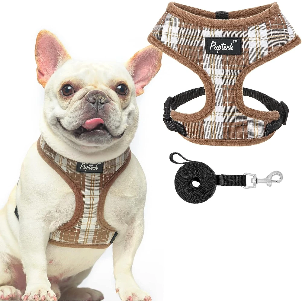Pupteck juego de arnés y correa de malla suave para mascota Chaleco Acolchado Cómodo Arneses Sin Tirones, Marrón, L