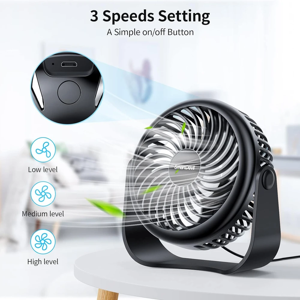 SMARTDEVIL VENTILADOR DE ESCRITORIO USB, 3 VELOCIDADES, AJUSTE DE 360°, PARA MESA PERSONAL PARA EL HOGAR, OFICINA, COCHE (NEGRO)