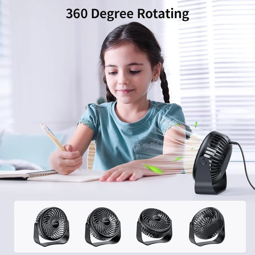 SMARTDEVIL VENTILADOR DE ESCRITORIO USB, 3 VELOCIDADES, AJUSTE DE 360°, PARA MESA PERSONAL PARA EL HOGAR, OFICINA, COCHE (NEGRO)