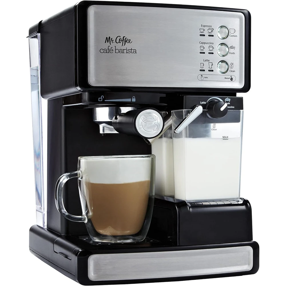 CAFETERA MR.COFFEE DE ESPRESSO Y CAPUCHINO,PROGRAMA ESPUMADOR DE LECHE AUTOMÁTICO Y BOMBA DE 15 BARES,ACERO INOXIDABLE,PLATEADO