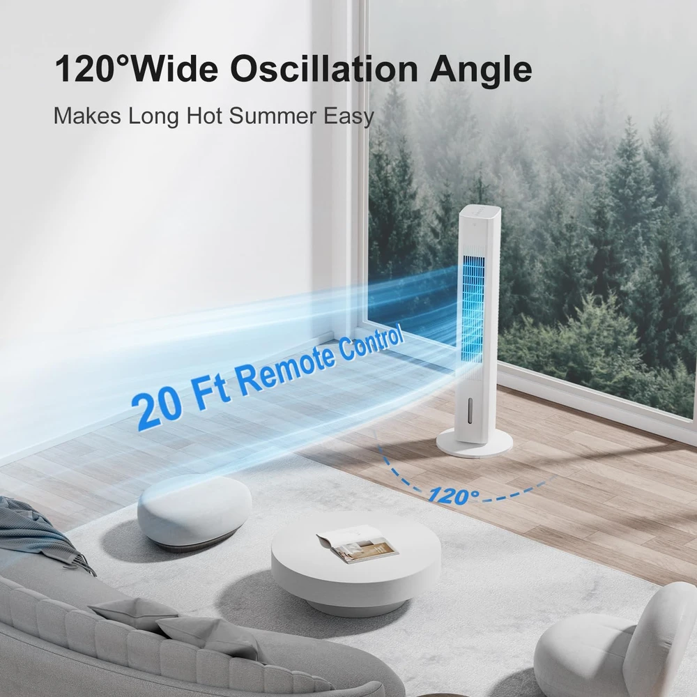 VENTILADOR DE TORRE DE ENFRIADOR EVAPORATIVO DE 35", 3 EN 1,CONTROL REMOTO,OSCILACIÓN DE 120°,3 VELOCIDADES Y 4 PAQUETES DE HIELO