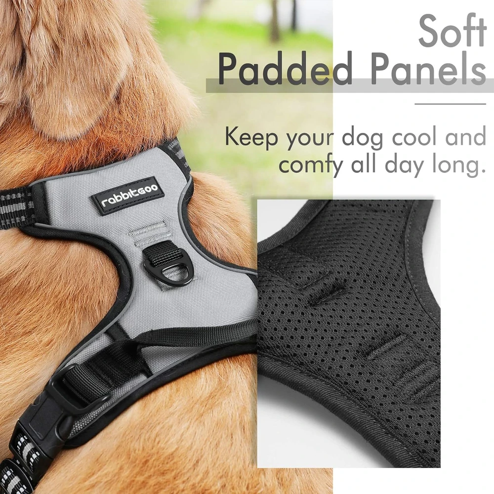 Rabbitgoo Arnés Para Perros sin Tirones Con 2 Clips De Correa acolchado suave ajustable con Manija Para Perros Medianos, Gris, M